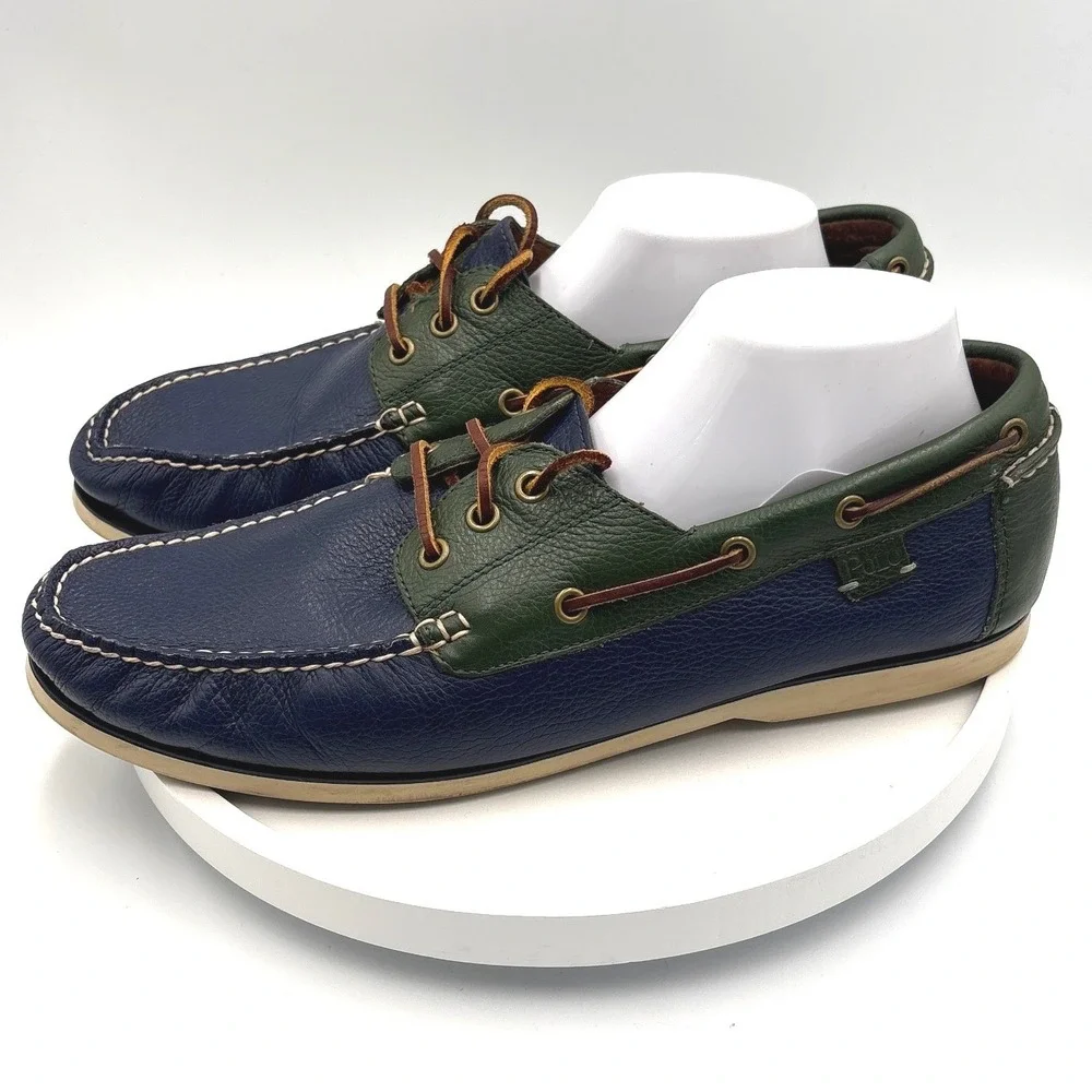 Polo Ralph Lauren Bienne II Mens 12D Boat Shoes Navy Green Leather Loafers 11503